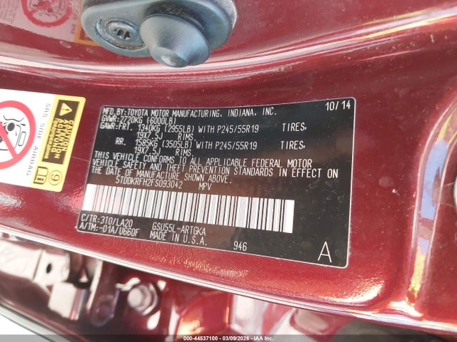 Toyota Highlander Limited V6 2015 5TDDKRFH2FS093042 Image 9
