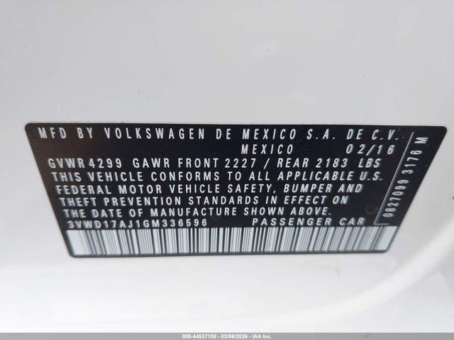 Aukcja sprzedaży 2016 Volkswagen Jetta 1.8t Sport, vin: 3VWD17AJ1GM336596, numer aukcji: 44537108