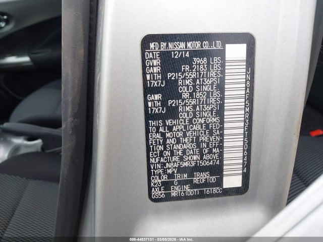 2015 Nissan Juke S მანქანა იყიდება აუქციონზე, vin: JN8AF5MR3FT506474, აუქციონის ნომერი: 44537131