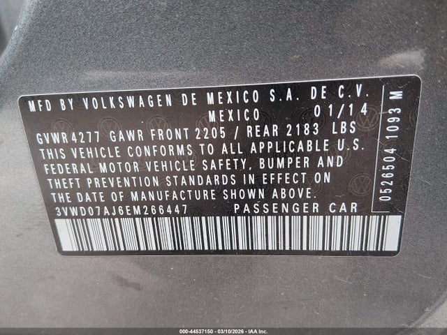 2014 Volkswagen Jetta 1.8t Se მანქანა იყიდება აუქციონზე, vin: 3VWD07AJ6EM266447, აუქციონის ნომერი: 44537150