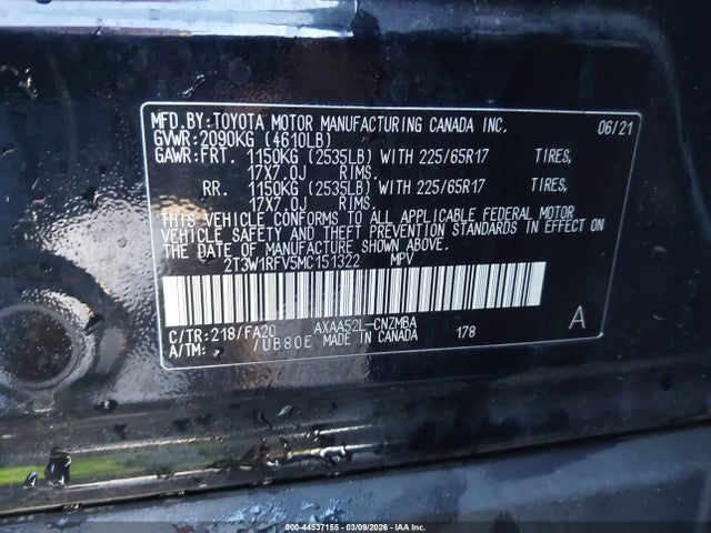 44537155 :رقم المزاد ، 2T3W1RFV5MC151322 vin ، 2021 Toyota Rav4 Xle مزاد بيع