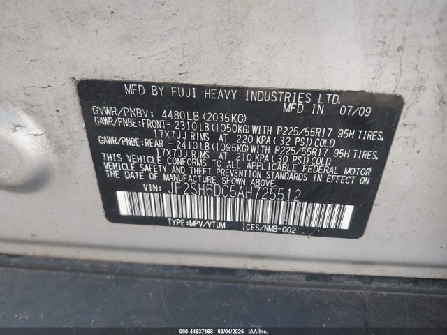 Aukcja sprzedaży 2010 Subaru Forester 2.5x Limited, vin: JF2SH6DC5AH725512, numer aukcji: 44537168