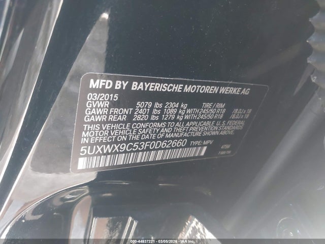 Aukcja sprzedaży 2015 Bmw X3 Xdrive28i, vin: 5UXWX9C53F0D62660, numer aukcji: 44537221