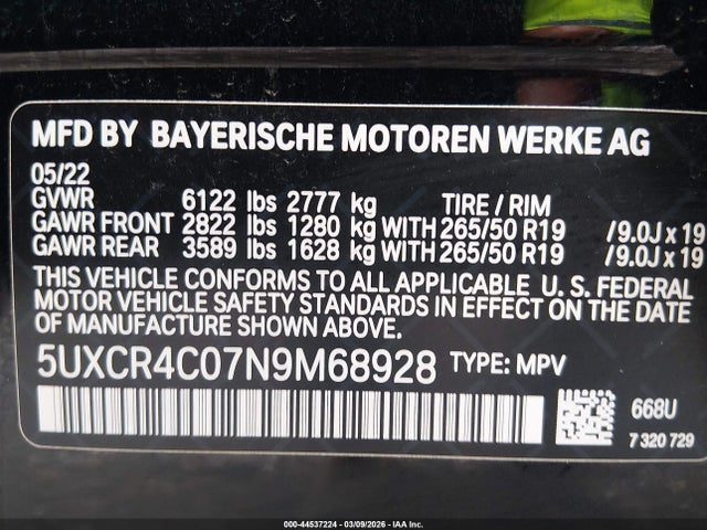 44537224 :رقم المزاد ، 5UXCR4C07N9M68928 vin ، 2022 Bmw X5 Sdrive40i مزاد بيع