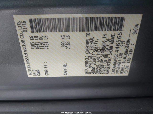 1N4AA6AP9GC446565 Nissan Maxima 3.5 Platinum/3.5 S/3.5 Sl/3.5 Sr/3.5 Sv