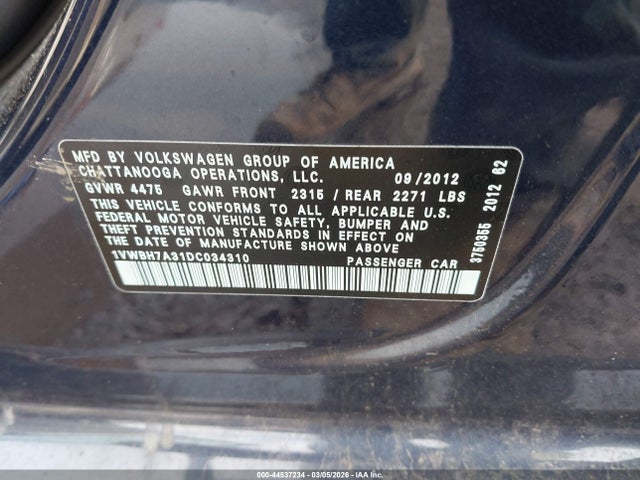 44537234 :رقم المزاد ، 1VWBH7A31DC034310 vin ، 2013 Volkswagen Passat 2.5l Se مزاد بيع