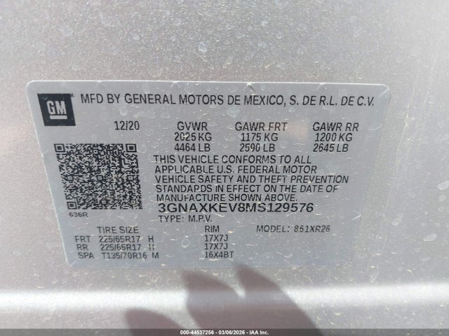 Продажа на аукционе авто 2021 Chevrolet Equinox Fwd Lt, vin: 3GNAXKEV8MS129576, номер лота: 44537256