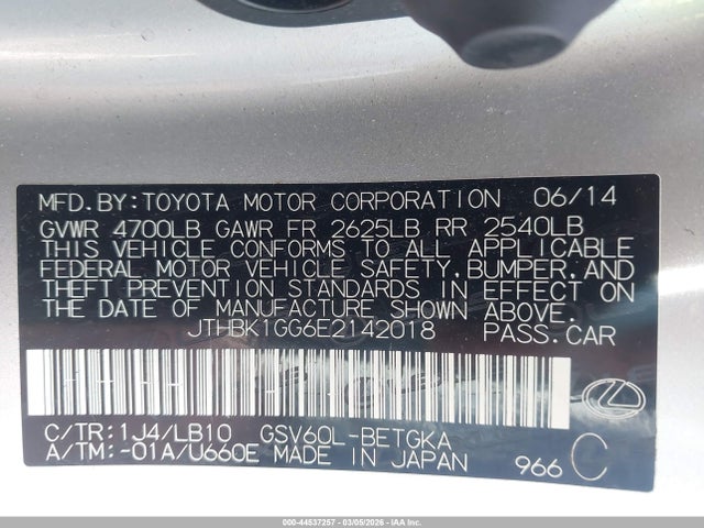 Продажа на аукционе авто 2014 Lexus Es 350, vin: JTHBK1GG6E2142018, номер лота: 44537257