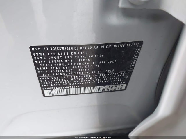 44537264 :رقم المزاد ، 3VV0B7AX5JM071211 vin ، 2018 Volkswagen Tiguan 2.0t S مزاد بيع