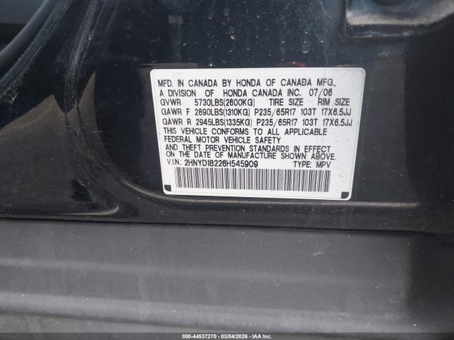 Auction sale of the 2006 Acura Mdx, vin: 2HNYD18226H545909, lot number: 44537270