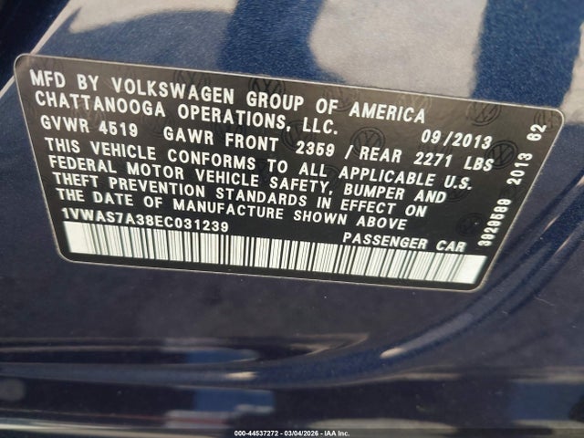 Aukcja sprzedaży 2014 Volkswagen Passat 1.8t S, vin: 1VWAS7A38EC031239, numer aukcji: 44537272