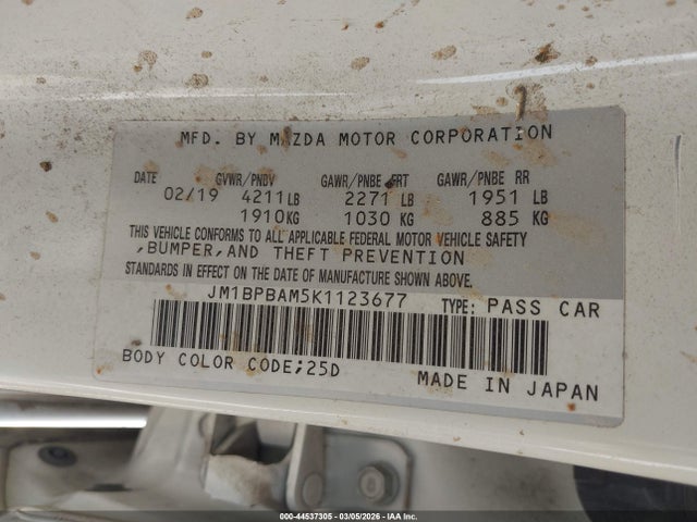 44537305 :رقم المزاد ، JM1BPBAM5K1123677 vin ، 2019 Mazda Mazda3 Select Package مزاد بيع