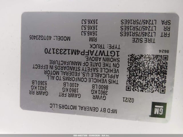 Продаж на аукціоні авто 2021 Gmc Savana Cargo Rwd 2500 Regular Wheelbase Work Van, vin: 1GTW7AFP4M1233170, номер лоту: 44537308