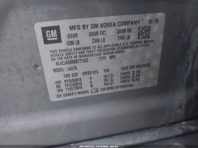 2019 Buick Encore Fwd Preferred მანქანა იყიდება აუქციონზე, vin: KL4CJASB9KB777423, აუქციონის ნომერი: 44537310