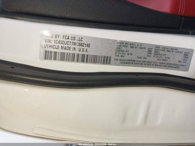44537319 :رقم المزاد ، 1C4SDJCT7MC662140 vin ، 2021 Dodge Durango R/t Awd مزاد بيع