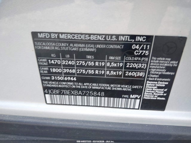 Aukcja sprzedaży 2011 Mercedes-benz Gl 450 4matic, vin: 4JGBF7BEXBA725848, numer aukcji: 44537333