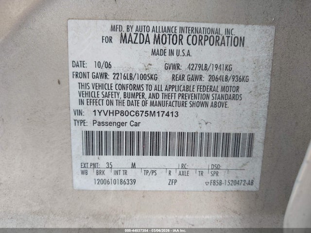 Aukcja sprzedaży 2007 Mazda Mazda6 I Sport Ve, vin: 1YVHP80C675M17413, numer aukcji: 44537354