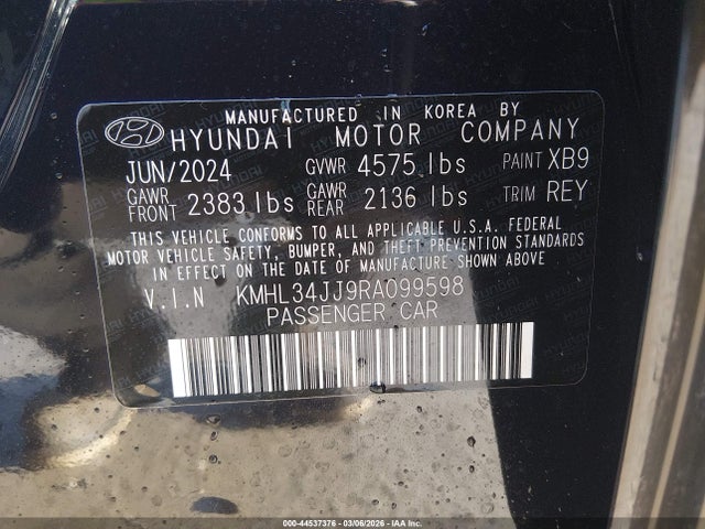 2024 Hyundai Sonata Hybrid Sel მანქანა იყიდება აუქციონზე, vin: KMHL34JJ9RA099598, აუქციონის ნომერი: 44537376