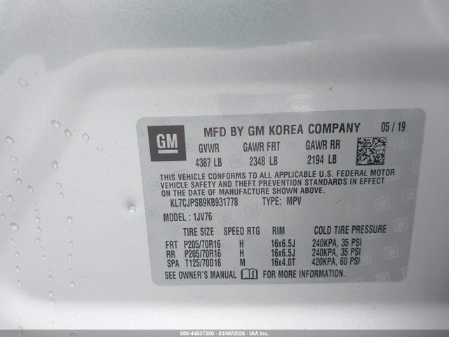 KL7CJPSB9KB931778 Chevrolet Trax Lt