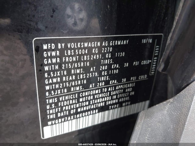 44537429 :رقم المزاد ، WVGBV7AX1HK009588 vin ، 2017 Volkswagen Tiguan 2.0t/2.0t S مزاد بيع