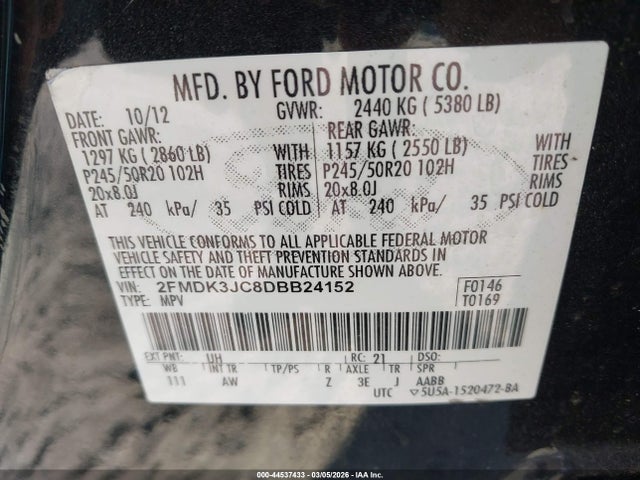 2013 Ford Edge Sel მანქანა იყიდება აუქციონზე, vin: 2FMDK3JC8DBB24152, აუქციონის ნომერი: 44537433
