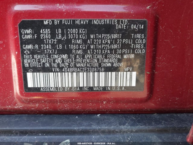 Subaru Outback 2.5i 2014 4S4BRBAC2E3308758 Image 9
