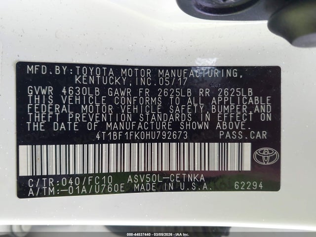 44537440 :رقم المزاد ، 4T1BF1FK0HU792673 vin ، 2017 Toyota Camry Le مزاد بيع
