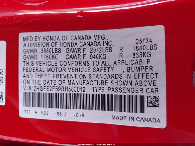 2HGFE2F59RH583012 Honda Civic Sport