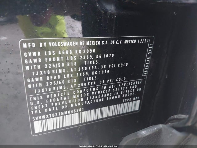 44537489 :رقم المزاد ، 3VVWX7B27NM046881 vin ، 2022 Volkswagen Taos 1.5t Se مزاد بيع