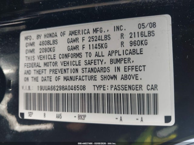 2008 Acura Tl 3.2 მანქანა იყიდება აუქციონზე, vin: 19UUA66298A046508, აუქციონის ნომერი: 44537495