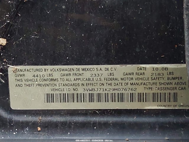 44537511 :رقم المزاد ، 3VWBJ71K29M076762 vin ، 2009 Volkswagen Gli مزاد بيع