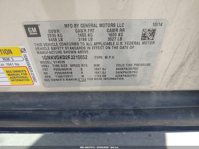 Chevrolet Traverse 1lt 2015 1GNKVGKD2FJ215652 Image 9
