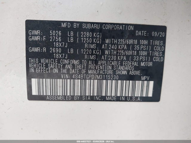 Продажа на аукционе авто 2021 Subaru Outback Touring Xt, vin: 4S4BTGPD7M3115230, номер лота: 44537521