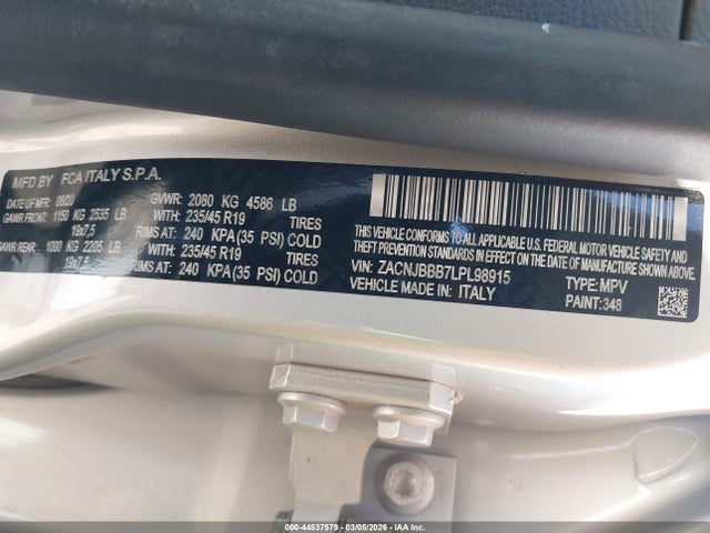 44537579 :رقم المزاد ، ZACNJBBB7LPL98915 vin ، 2020 Jeep Renegade Orange Edition 4x4 مزاد بيع