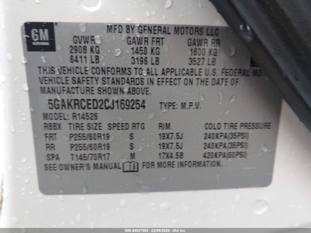 44537580 :رقم المزاد ، 5GAKRCED2CJ169254 vin ، 2012 Buick Enclave Leather مزاد بيع