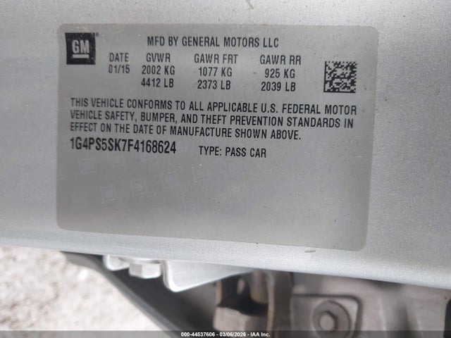 44537606 :رقم المزاد ، 1G4PS5SK7F4168624 vin ، 2015 Buick Verano Leather Group مزاد بيع