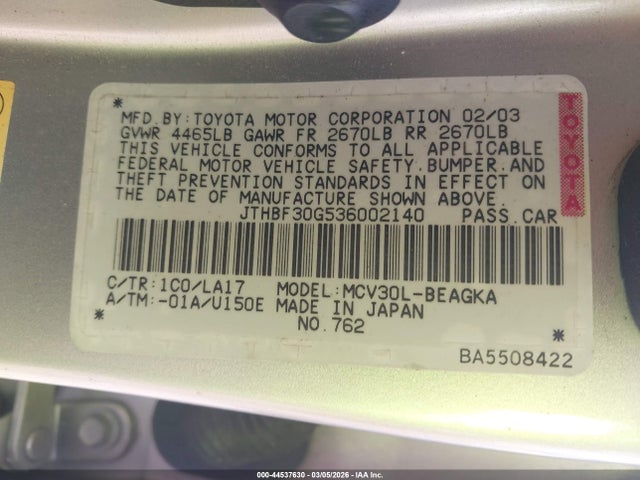 Aukcja sprzedaży 2003 Lexus Es 300, vin: JTHBF30G536002140, numer aukcji: 44537630