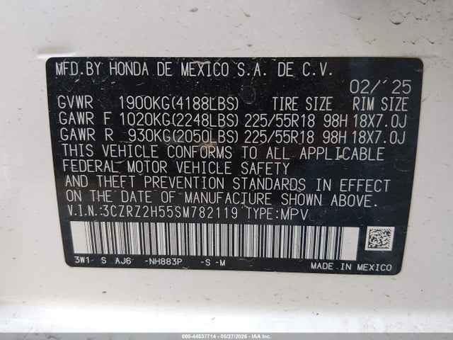 2025 Honda Hr-v Awd Sport მანქანა იყიდება აუქციონზე, vin: 3CZRZ2H55SM782119, აუქციონის ნომერი: 44537714