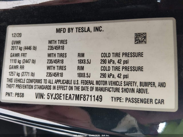 Aukcja sprzedaży 2021 Tesla Model 3 Standard Range Plus Rear-wheel Drive, vin: 5YJ3E1EA7MF871149, numer aukcji: 44537751