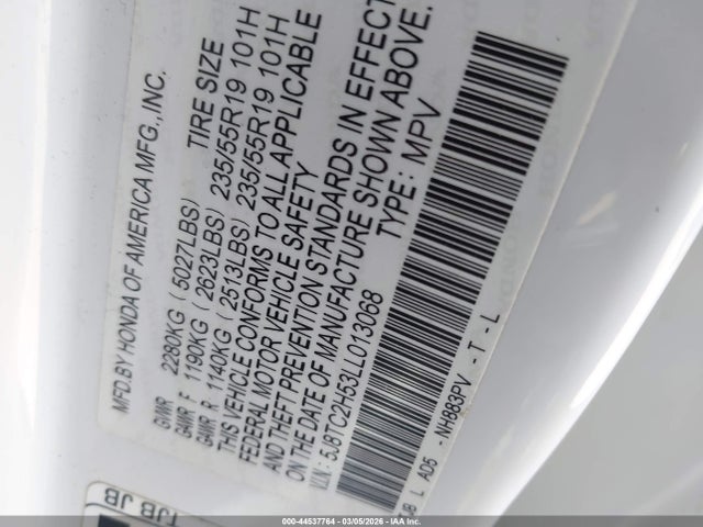 44537764 :رقم المزاد ، 5J8TC2H53LL013068 vin ، 2020 Acura Rdx Technology Package مزاد بيع