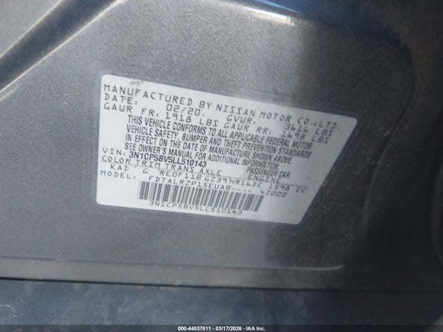 Продаж на аукціоні авто 2020 Nissan Kicks S Xtronic Cvt, vin: 3N1CP5BV5LL510143, номер лоту: 44537811