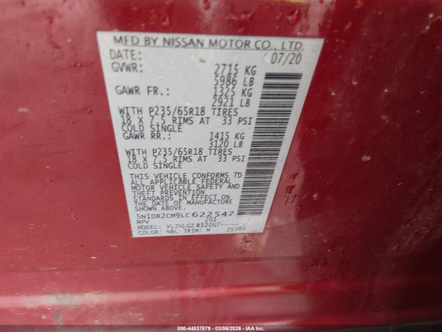 Auction sale of the 2020 Nissan Pathfinder Sl 4wd, vin: 5N1DR2CM9LC622547, lot number: 44537879