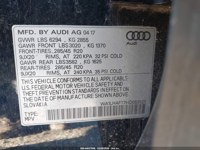 Продажа на аукционе авто 2017 Audi Q7 2.0t Premium, vin: WA1LHAF77HD053521, номер лота: 44537886
