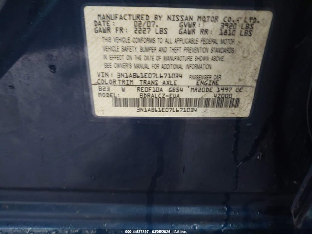 2007 Nissan Sentra 2.0 მანქანა იყიდება აუქციონზე, vin: 3N1AB61E07L671034, აუქციონის ნომერი: 44537897
