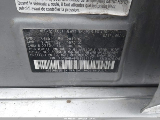 Aukcja sprzedaży 2011 Subaru Legacy 2.5i, vin: 4S3BMBA67B3254172, numer aukcji: 44537907