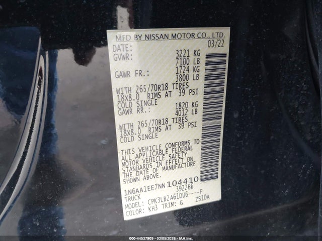 Продажа на аукционе авто 2022 Nissan Titan Sv 4x2, vin: 1N6AA1EE7NN104410, номер лота: 44537909
