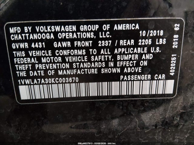 2019 VOLKSWAGEN PASSAT 1VWLA7A30KC003670 Photo 8