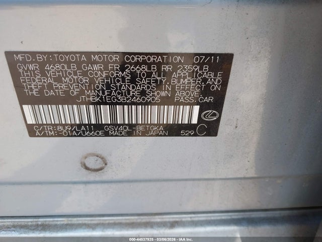 Продажа на аукционе авто 2011 Lexus Es 350, vin: JTHBK1EG3B2460905, номер лота: 44537925