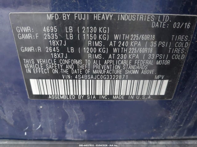 4S4BSAJC0G3322871 Subaru Outback 2.5i Limited