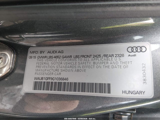 Aukcja sprzedaży 2016 Audi S3 2.0t Premium Plus, vin: WAUB1GFF9G1036846, numer aukcji: 44537946
